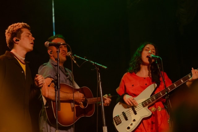 Group shot of Simon Knudtson, Mike Miller, Emma Lambiase performing at Bimbo's in San Francisco