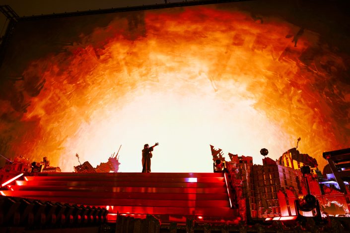 the Weeknd rises like a greek god in a dystopian landscape